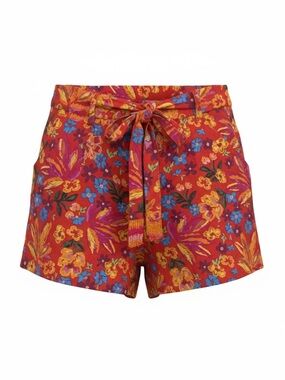 C&C California Linen High-Waist Floral Tie-Front Shorts with Beaded Belt